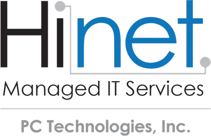 Hinet logo with blue letters reading 'Hinet' and gray tagline 'Managed IT Services' by PC Technologies, Inc.